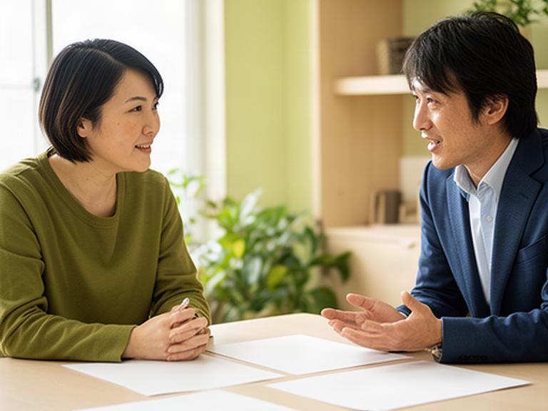 香川県の中小企業の事務所で、経営者と採用担当者が求人内容を机に広げて話し合う様子